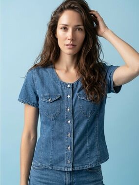 Daniel Hechter Jean Casual Denim Button-Up Short Sleeve Shirt size LG